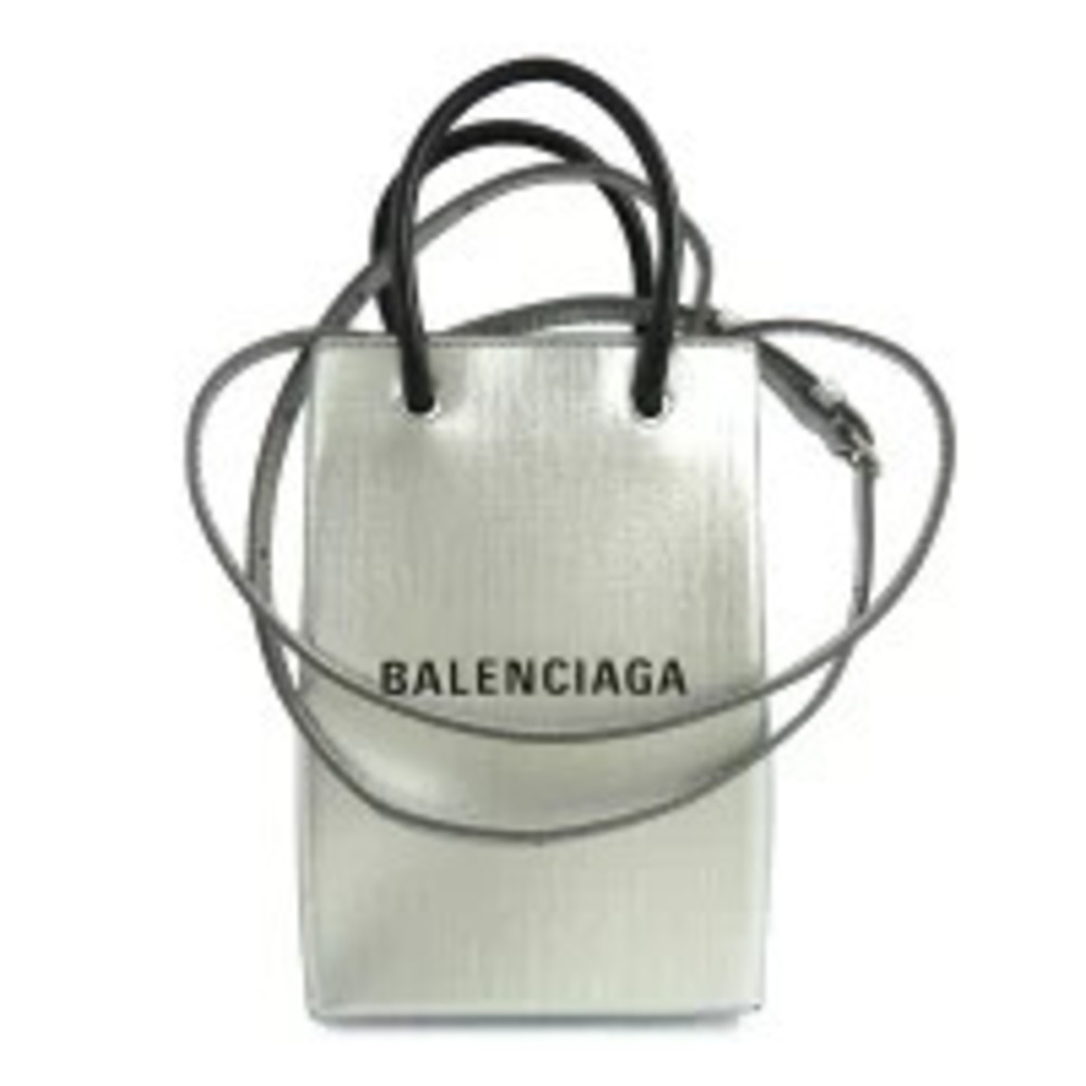 Balenciaga Shopping Phone Holder Shoulder Bag Silver Black Crossbody Leather